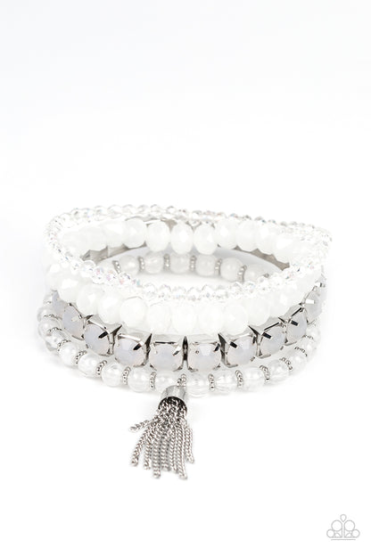 Paparazzi Accessories-Day Trip Trinket White Glassy Crystal Bead Bracelet