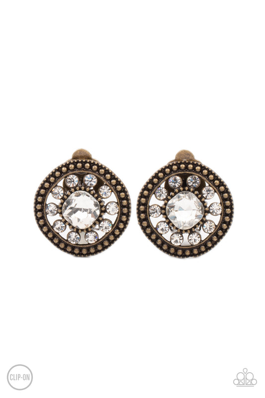 Paparazzi Accessories-Dazzling Definition Brass Rhinestone Flower Earrings