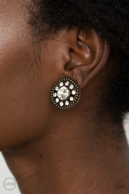Paparazzi Accessories-Dazzling Definition Brass Rhinestone Flower Earrings