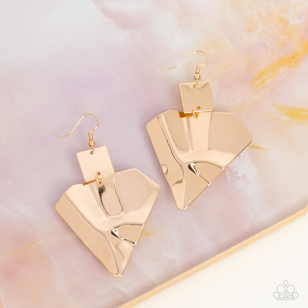 Paparazzi Accessories-Deceivingly Deco Gold Triangular Abstract Earrings