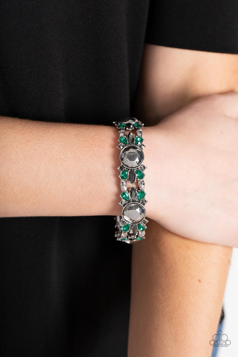 Paparazzi Accessories-Definitively Diva Green Teardrop Hematite Rhinestone Bracelet