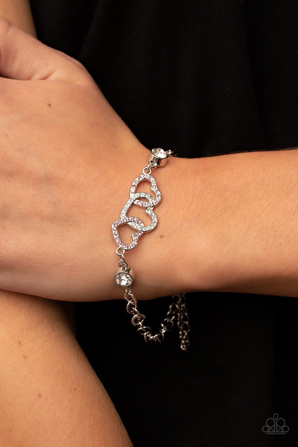 Paparazzi Accessories-Desirable Dazzle Pink Dotted Heart Rhinestone Bracelet