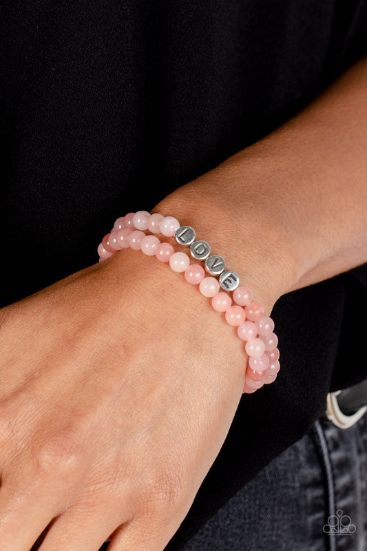 Paparazzi Accessories-Devoted Dreamer Pink Beads Silver "LOVE" Bracelet