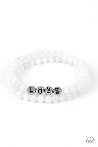 Paparazzi Accessories-Devoted Dreamer White Icy Bead Silver LOVE Bracelet