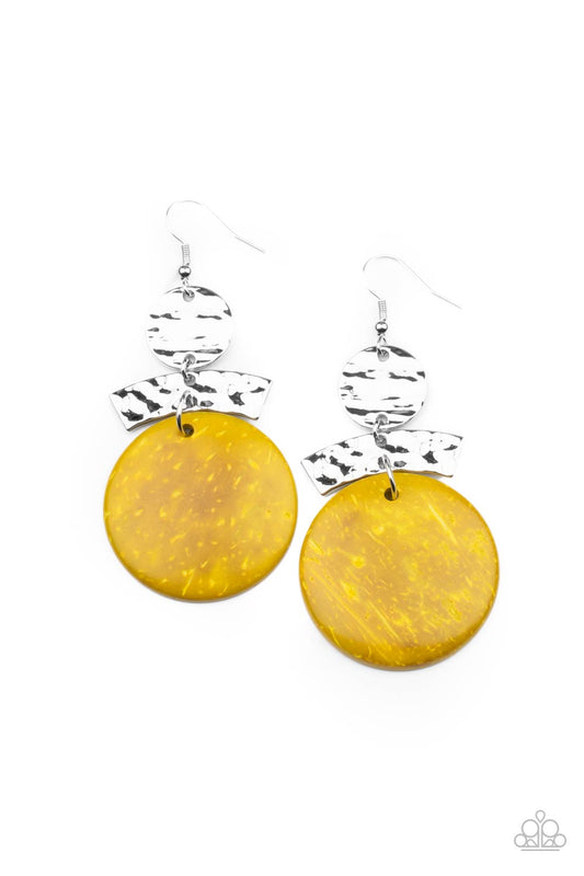 Paparazzi Accessories-Diva Of My Domain Yellow Distressed Wooden Earrings