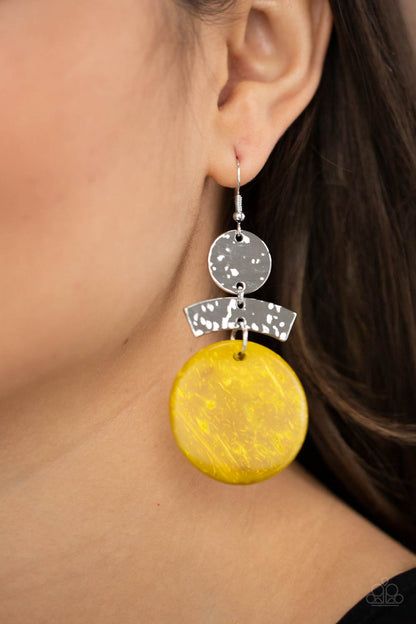 Paparazzi Accessories-Diva Of My Domain Yellow Distressed Wooden Earrings