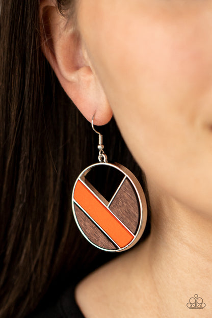 Paparazzi Accessories-Don't Be MODest Orange/Brown Geometric Wooden Earrings