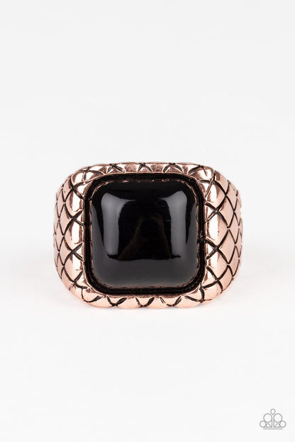 Paparazzi Accessories-Don't Cross Me Copper Black Square Men's Ring