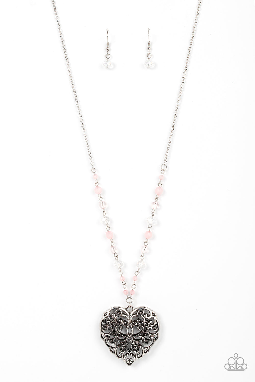 Paparazzi Accessories-Doting Devotion Pink Crystal White Bead Necklace set