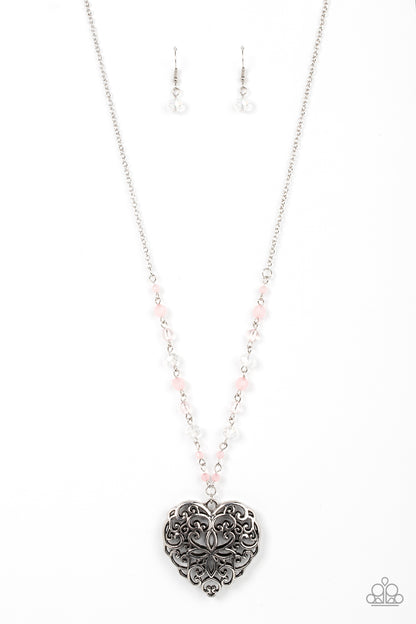 Paparazzi Accessories-Doting Devotion Pink Crystal White Bead Necklace set