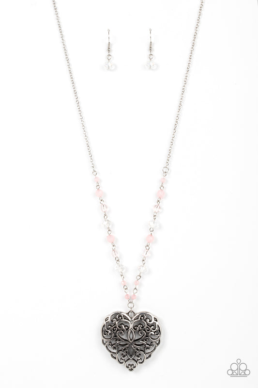 Paparazzi Accessories-Doting Devotion Pink Crystal White Bead Necklace set