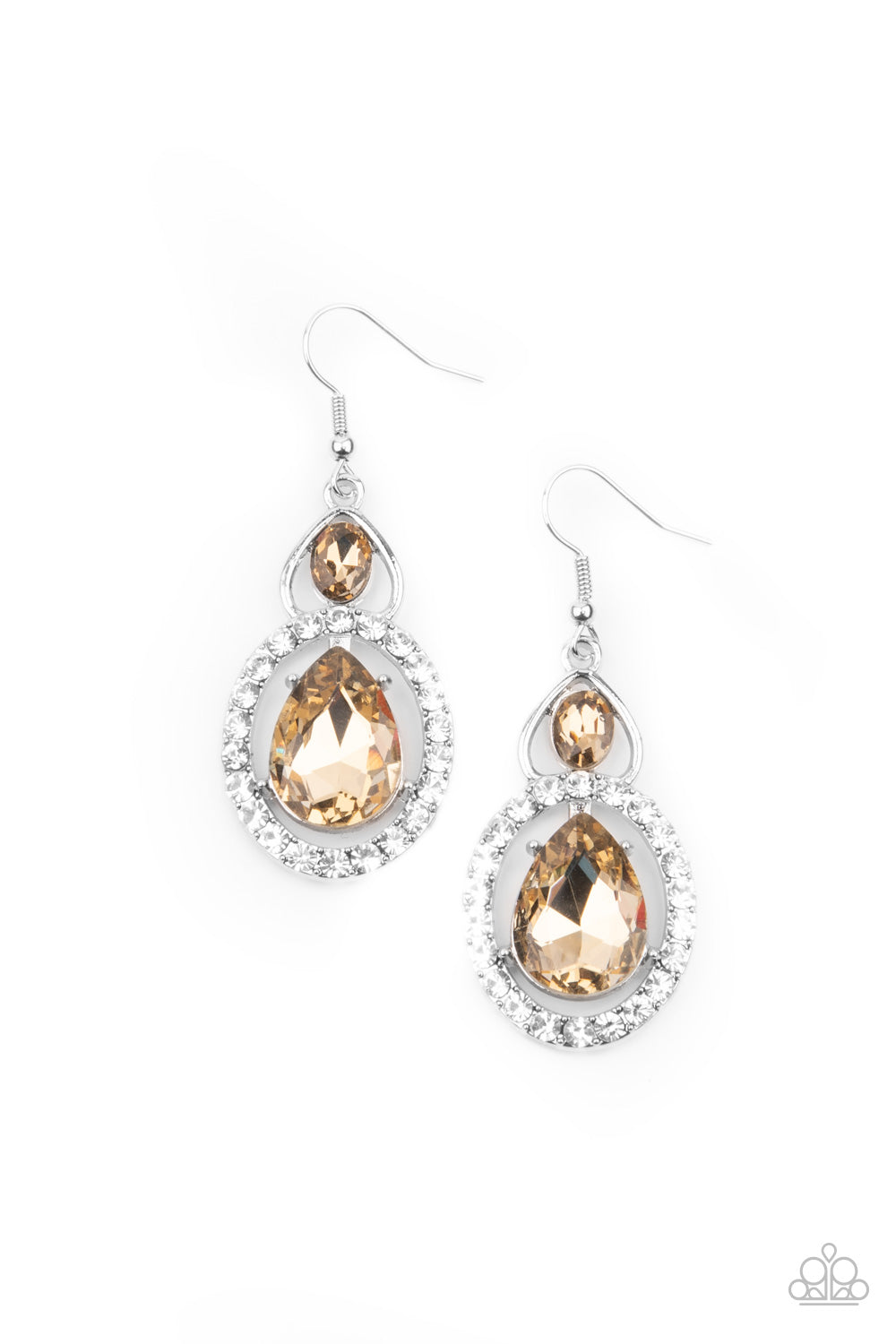 Paparazzi Accessories-Double The Drama Brown Glassy Teardrop Earrings