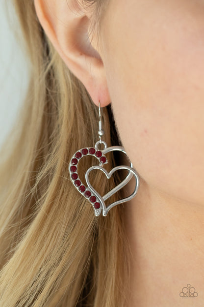 Paparazzi Accessories-Double The Heartache Red Heart Earrings