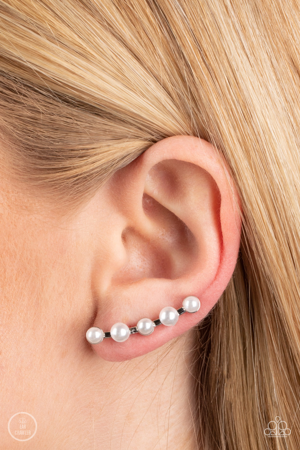 Paparazzi Accessories-Drop-Top Attitude White Bubbly Pearl Ear Crawlers