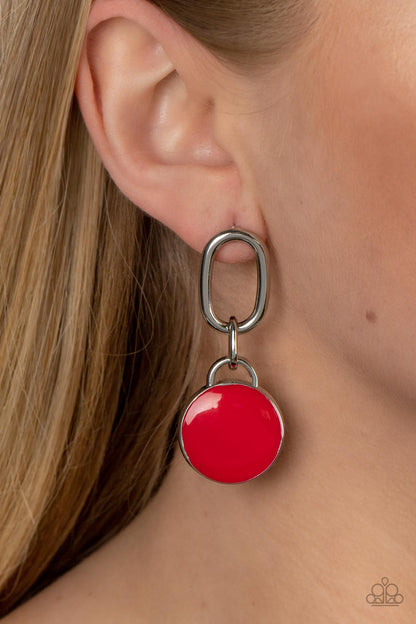 Paparazzi Accessories-Drop a TINT Red Oblong Silver Disc Earrings