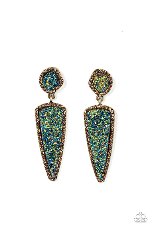 Paparazzi Accessories-Druzy Desire Brass Asymmetrical Blue/Topaz Earrings