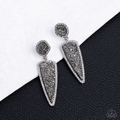 Paparazzi Accessories-Druzy Desire Silver Asymmetrical Triangular Earrings