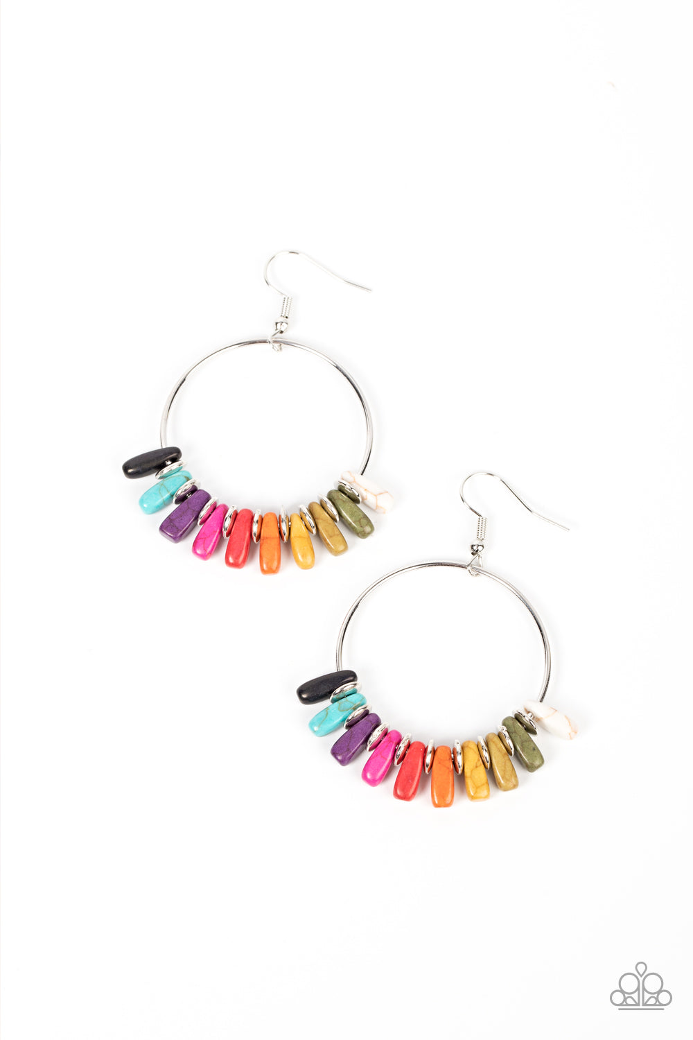 Paparazzi Accessories-Earthy Ensemble Multi Rainbow Stone Silver Hoop Earrings