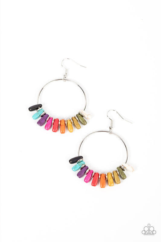 Paparazzi Accessories-Earthy Ensemble Multi Rainbow Stone Silver Hoop Earrings