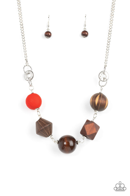 Paparazzi Accessories-Eco Extravaganza Red Wooden Bead Silver Hoop Necklace Set