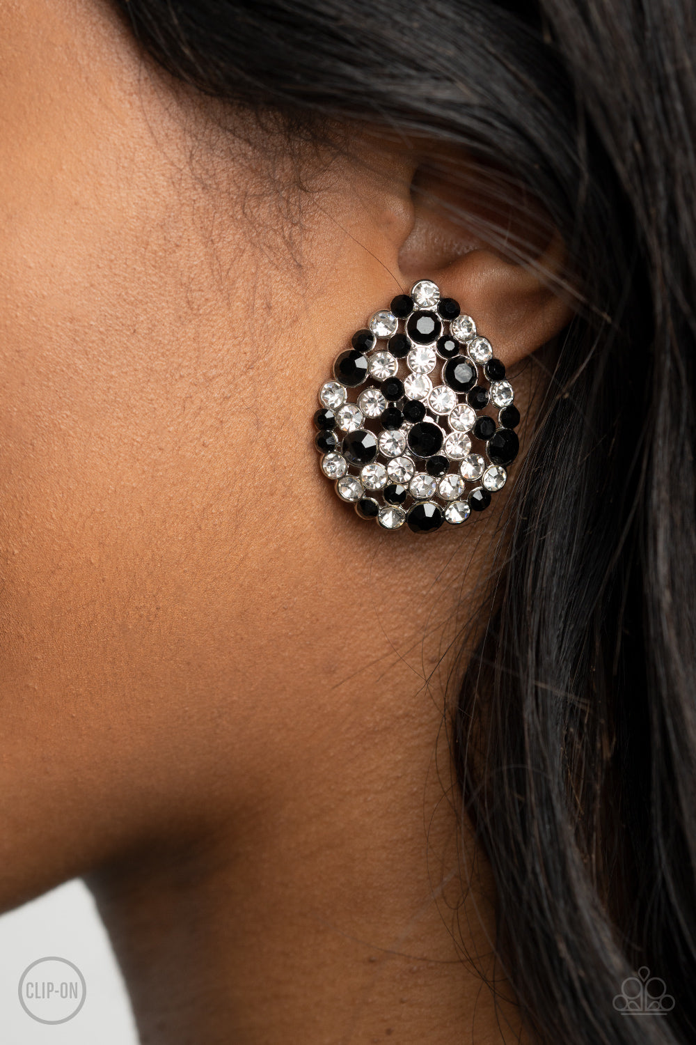 Paparazzi Accessories-Elite League Glittery Black Rhinestone Clip-On Earrings