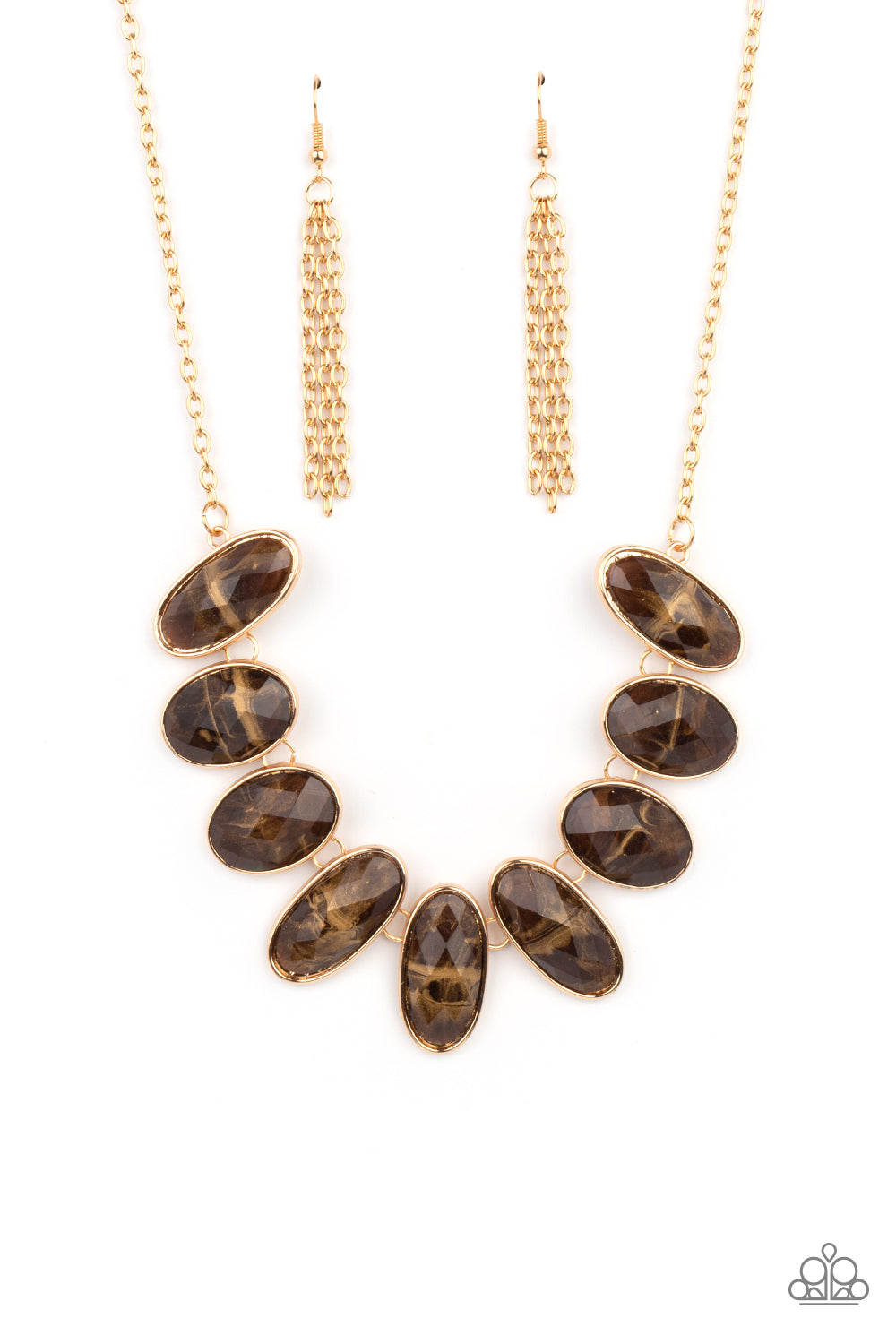 Paparazzi Accessories-Elliptical Episode  Brown Oval Gems Necklace Set
