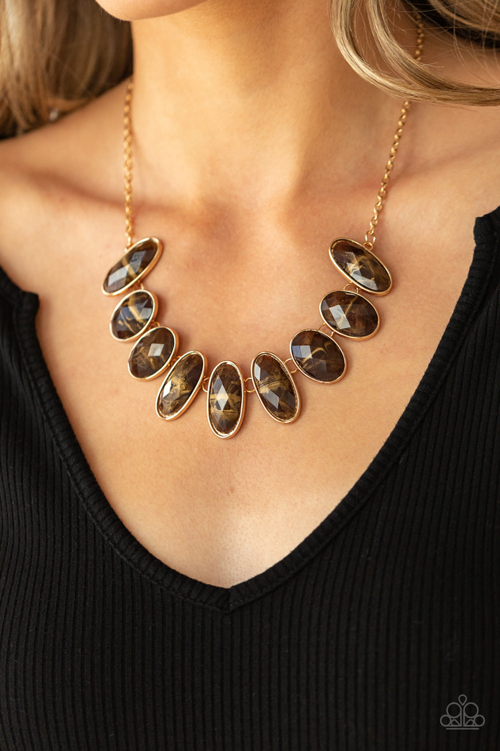 Paparazzi Accessories-Elliptical Episode  Brown Oval Gems Necklace Set