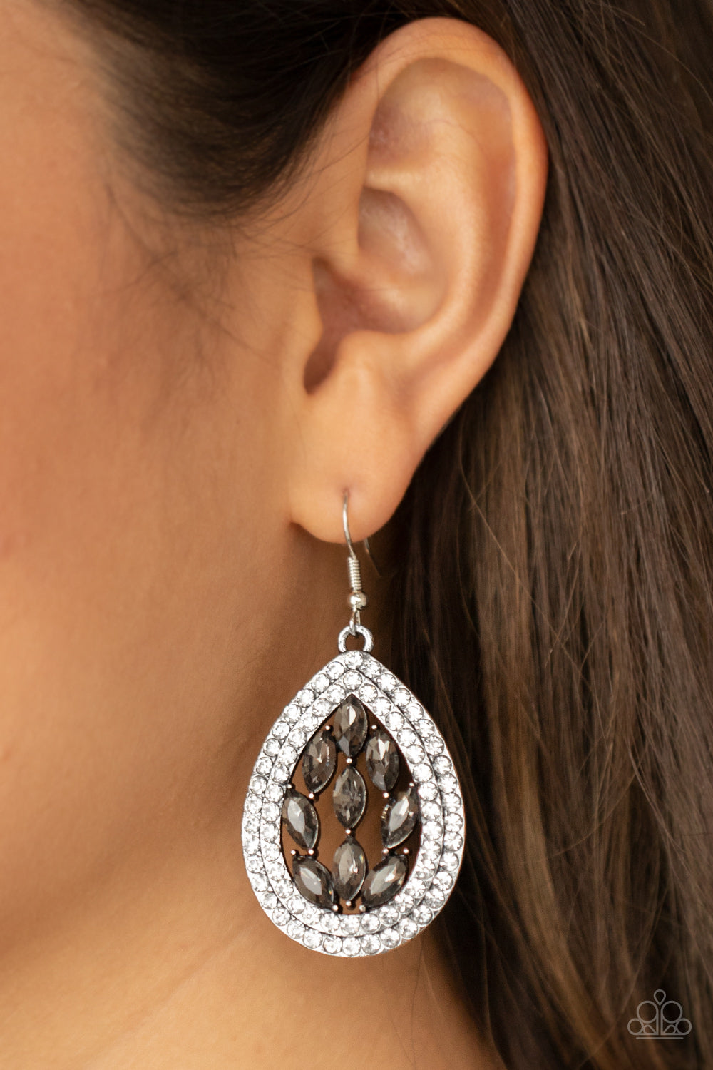 Paparazzi Accessories-Encased Elegance Smoky Marquise Rhinestone Earrings