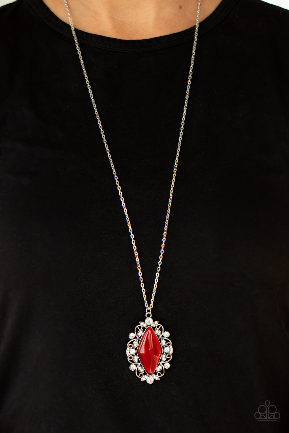 Paparazzi Accessories-Exquisitely Enchanted Red Leafy White Rhinestone Necklace Set