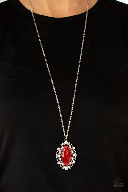 Paparazzi Accessories-Exquisitely Enchanted Red Leafy White Rhinestone Necklace Set