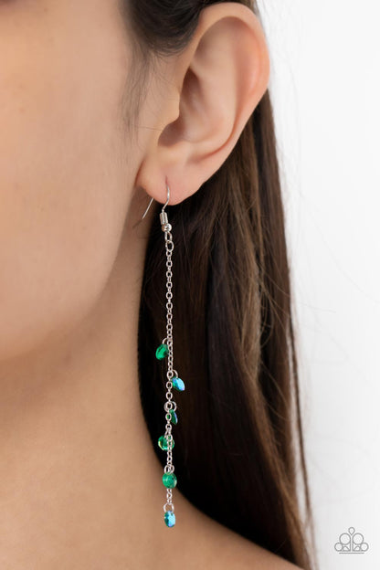 Paparazzi Accessories-Extended Eloquence Green Iridescent Twinkly Tassel Earrings