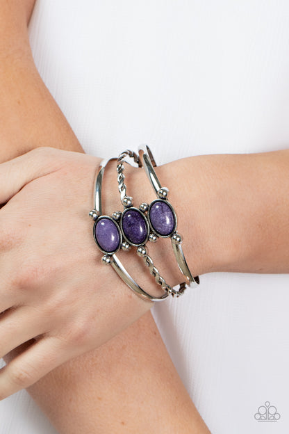 Paparazzi Accessories-Extra Earthy Purple Trio Oval Stone Cuff Bracelet