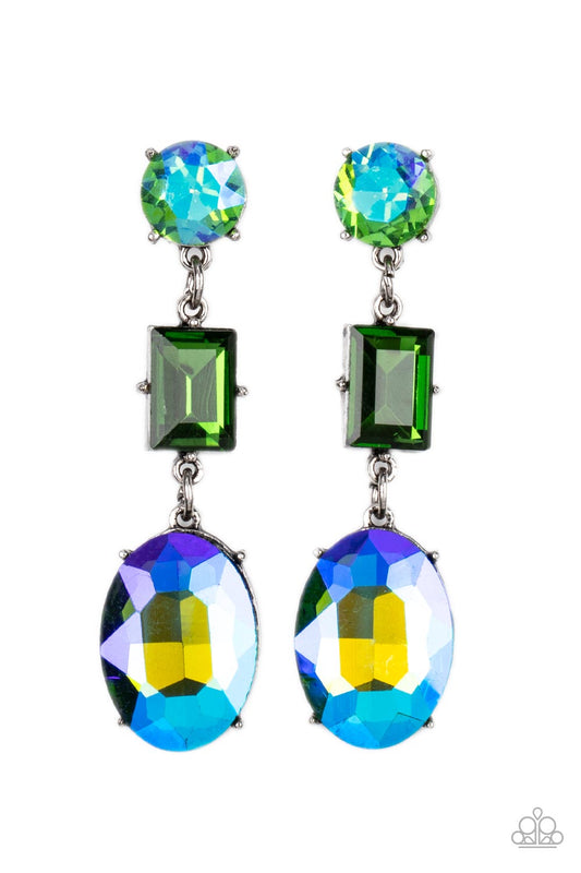 Paparazzi Accessories-Extra Envious Green Emerald 3 Lure Earrings