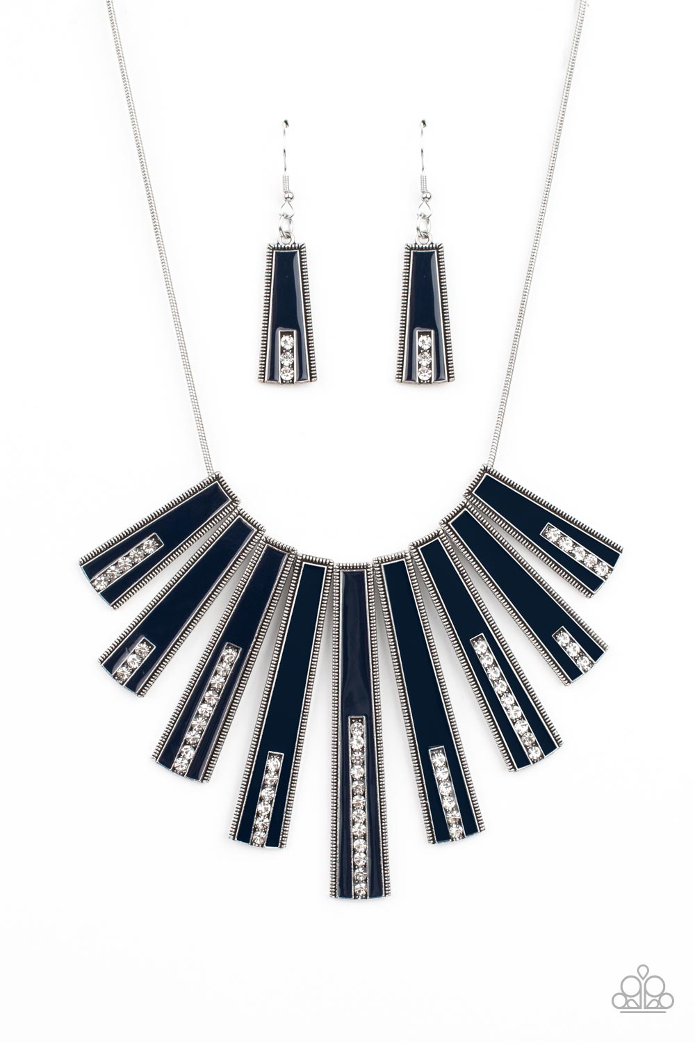 Paparazzi Accessories-FAN-tastically Deco Blue Flared Silver Rhinestone Necklaces