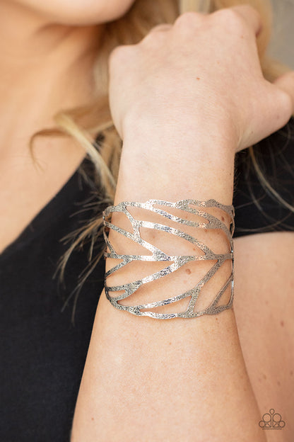 Paparazzi Accessories-FLOCK< Stock, and Barrel Silver Feather Wrap Cuff Bracelet
