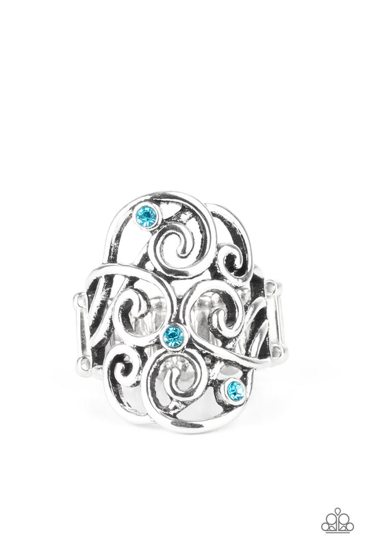 Paparazzi Accessories-FRILL Out! Blue Swirling Rhinestone Ring