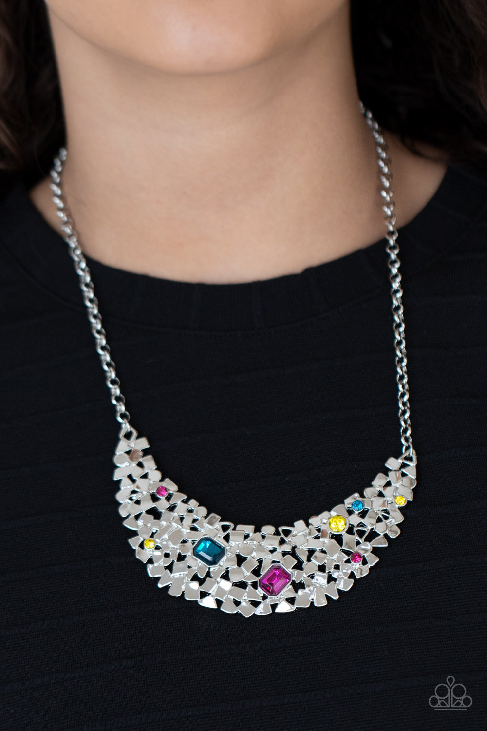 Paparazzi Accessories-Fabulously Fragmented Multi Half-Moon Rhinestone Necklace Set