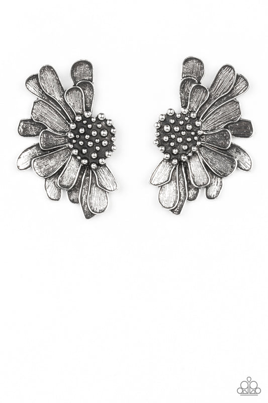 Paparazzi Accessories-Farmstead Meadows Silver Rustic Petal Bloom Earrings