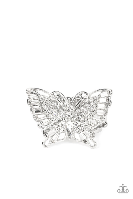 Paparazzi Accessories-White Teardrop Silver Butterfly LOTP Ring