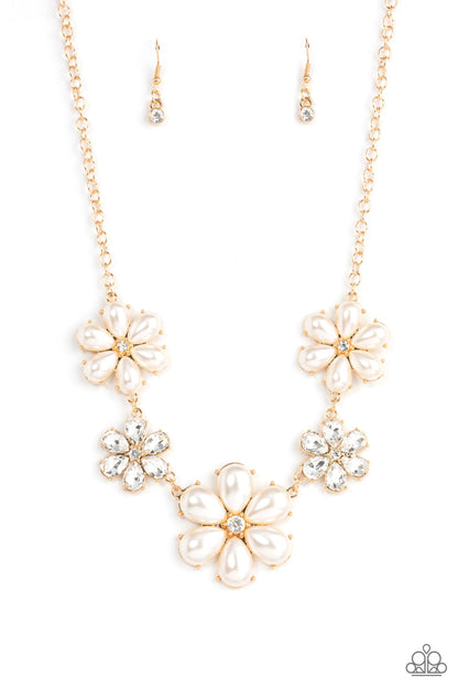 Paparazzi Accessories-Fiercely Flowering Gold Bubbly Pearl Necklace Set