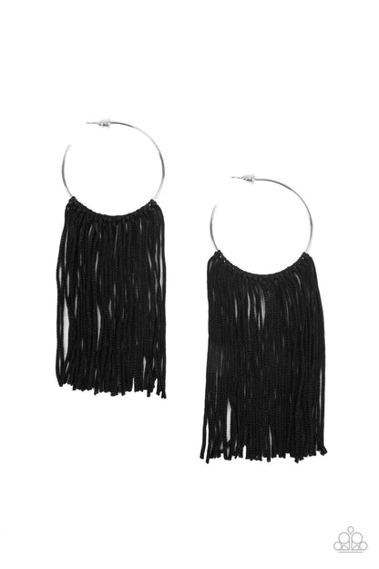 Paparazzi Accessories-Flauntable Fringe Black Cord Silver Hoop Earrings