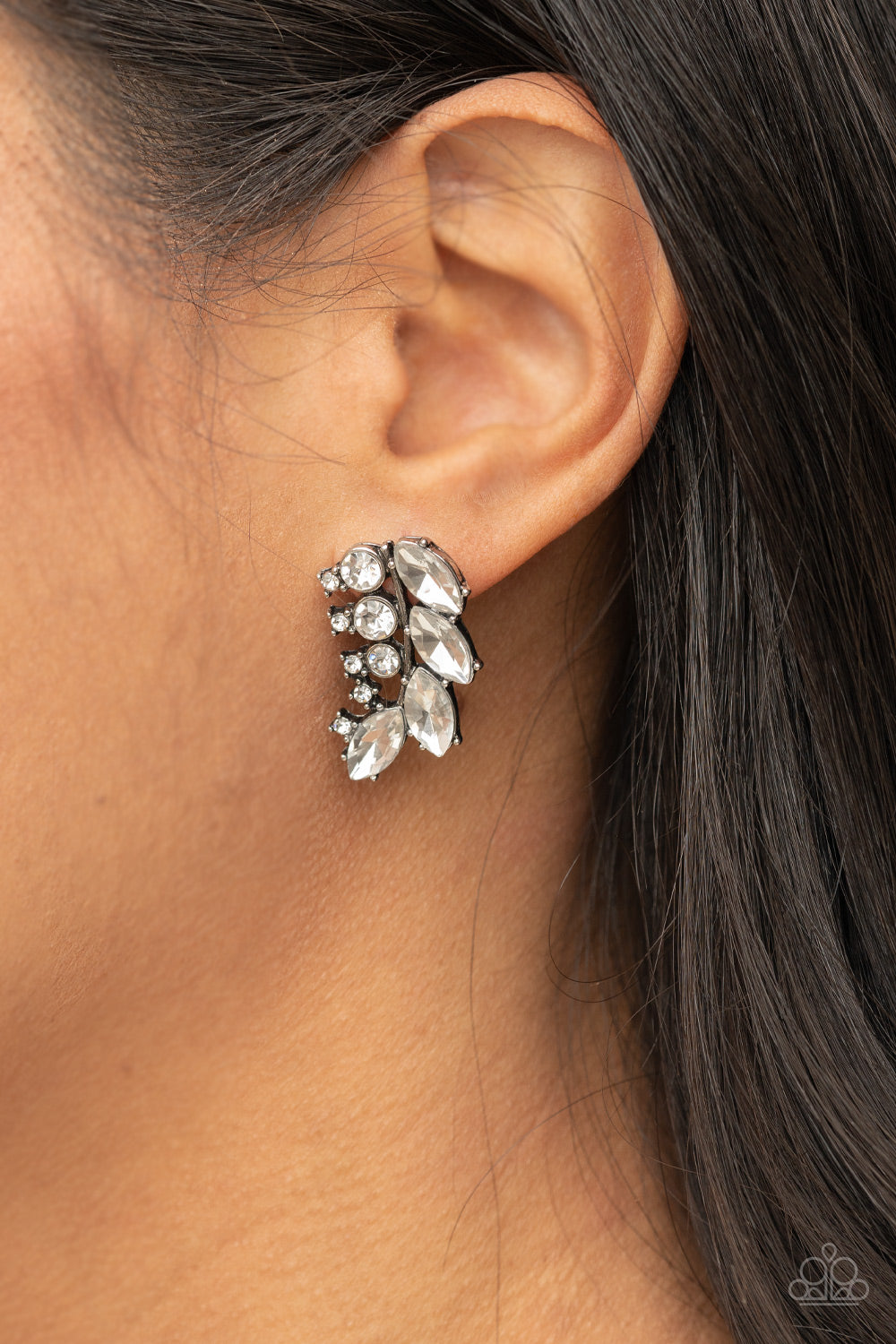 Paparazzi Accessories-Flawless Fronds White Marquise Rhinestone Earrings