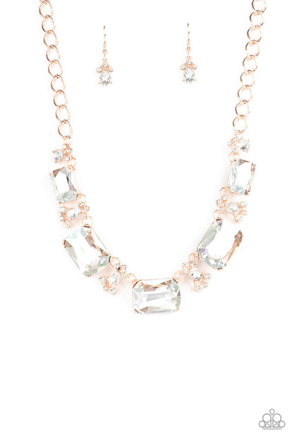 Paparazzi Accessories-Flawlessly Famous Multi Rose Gold Emerald Cut Necklace Set