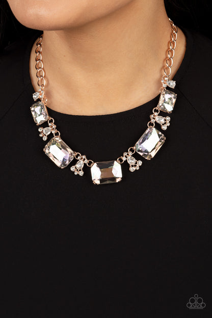 Paparazzi Accessories-Flawlessly Famous Multi Rose Gold Emerald Cut Necklace Set