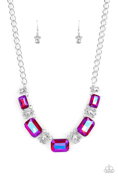 Paparazzi Accessories-Flawlessly Famous Pink Oversized Emerald-Cut Necklace Set