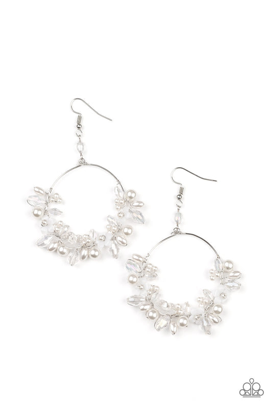 Paparazzi Accessories-Floating Gardens White Floral Iridescent Pearl Earrings