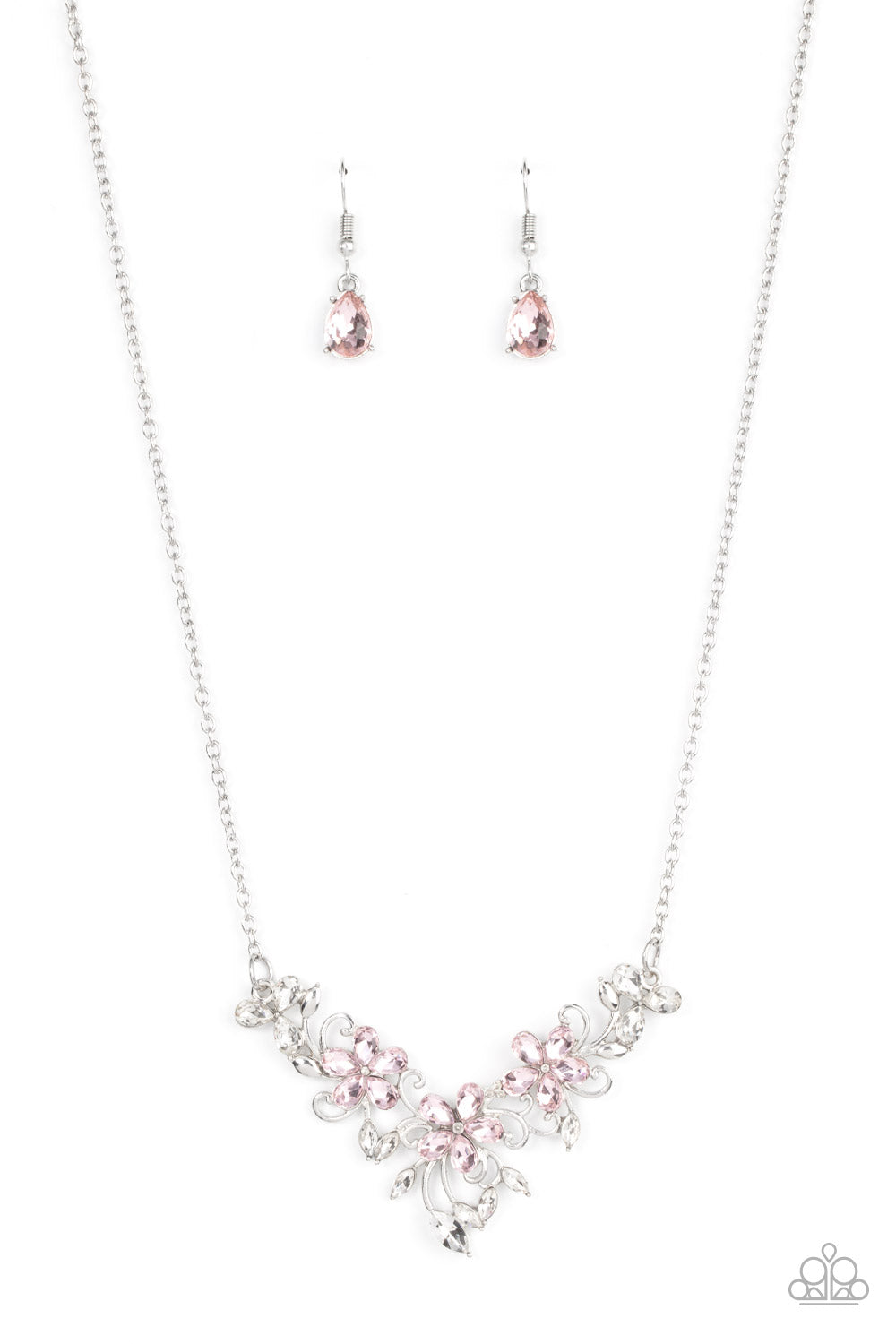 Paparazzi Accessories-Floral Fashion Show Pink Leafy Silver Necklace Set