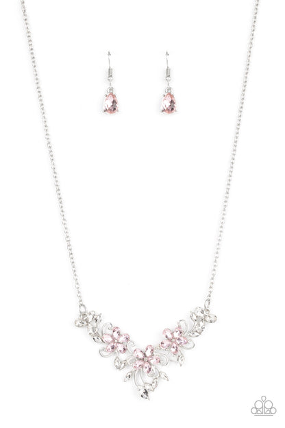 Paparazzi Accessories-Floral Fashion Show Pink Leafy Silver Necklace Set