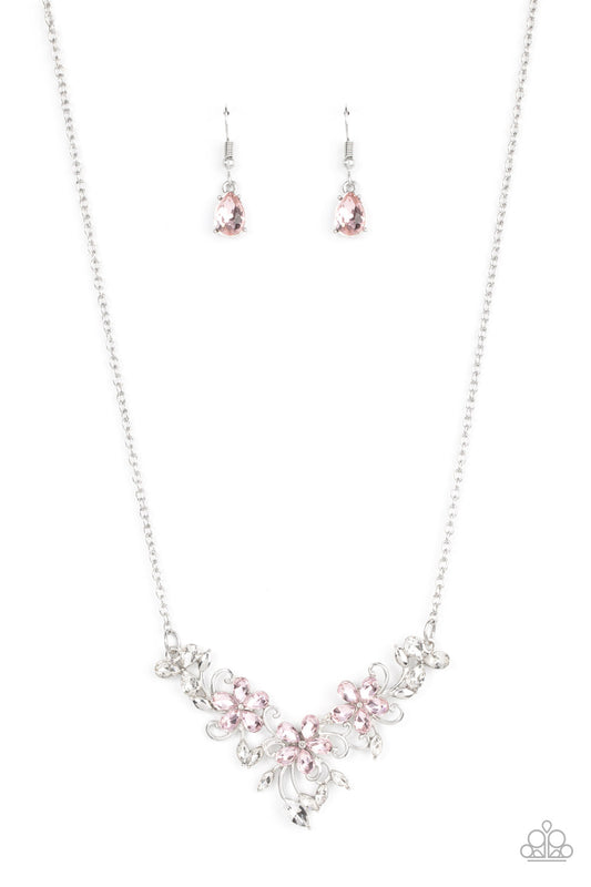 Paparazzi Accessories-Floral Fashion Show Pink Leafy Silver Necklace Set