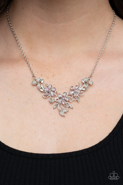 Paparazzi Accessories-Floral Fashion Show Pink Leafy Silver Necklace Set
